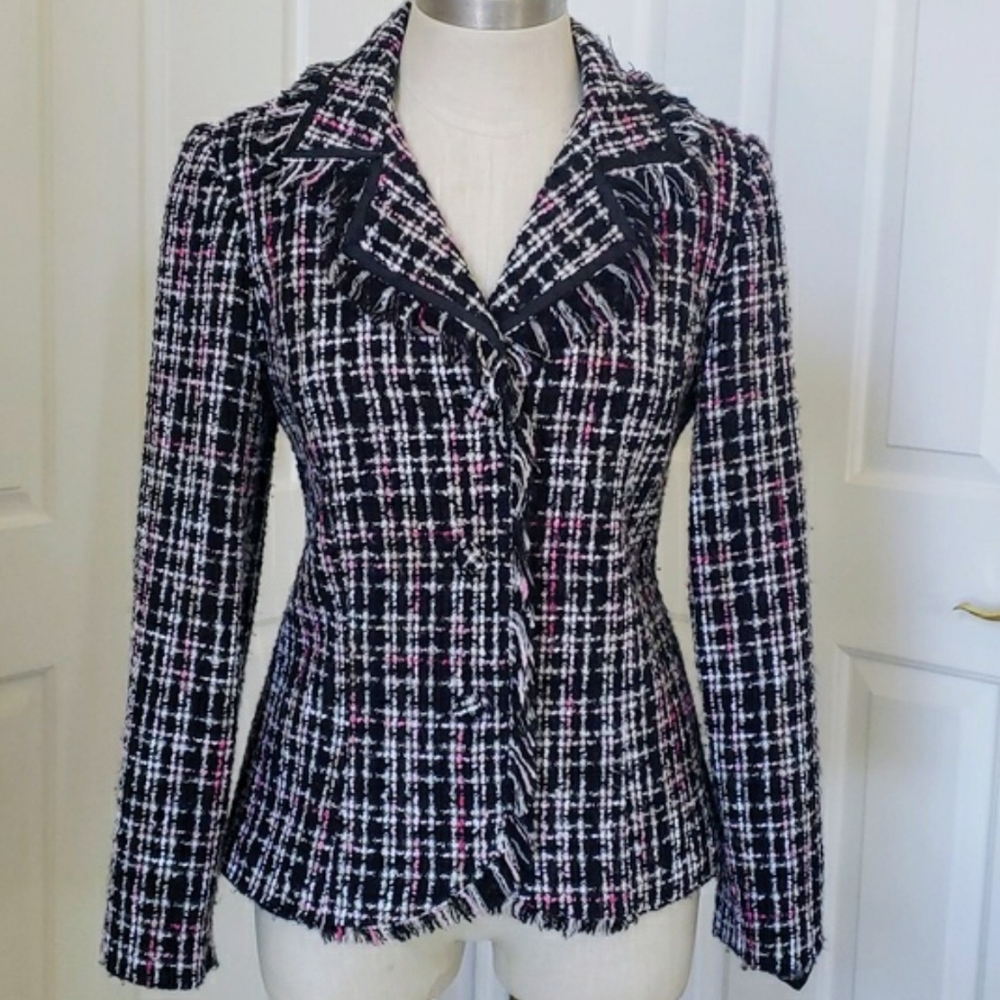 Vintage 90s Scarlet Tweed Boucle Plaid Blazer Jacket Fringe Size 8 Black Pink - Picture 3 of 11
